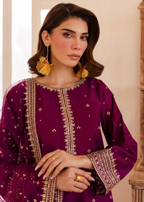 Embroidered Lawn Suit with Organza Dupatta - Plum Purple