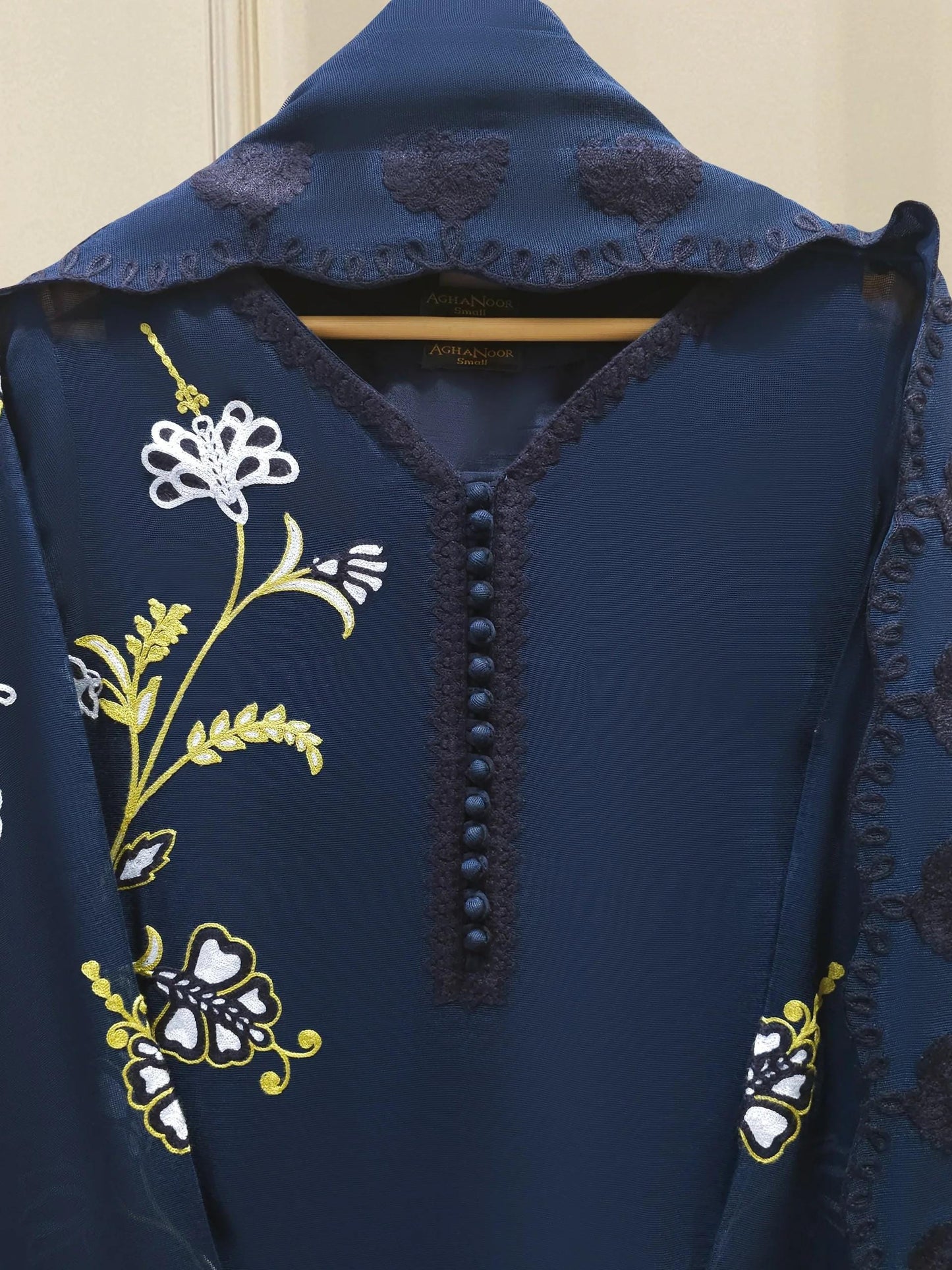 Agha Noor 3 Piece Pure Embroidered Cotton Net Suit Size (Medium, Small) - Navy Blue