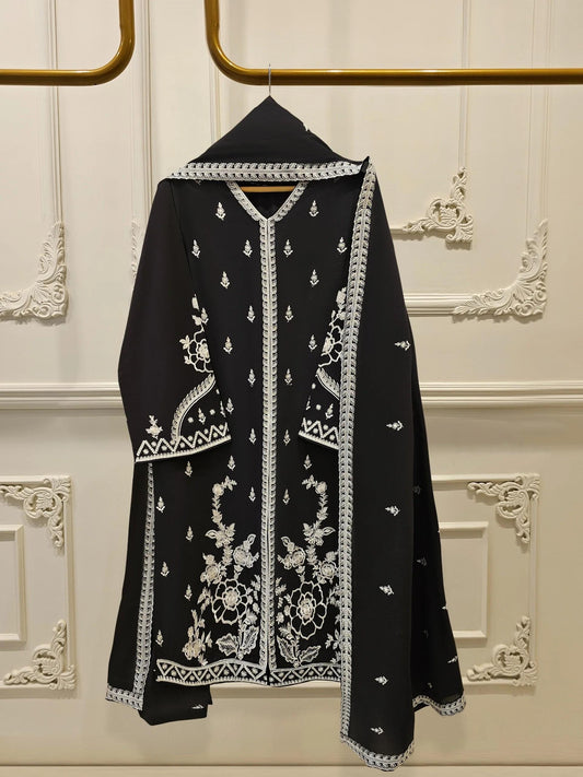Agha noor 3 Piece Embroidered Lawn Suit Size (Medium, Large) Black