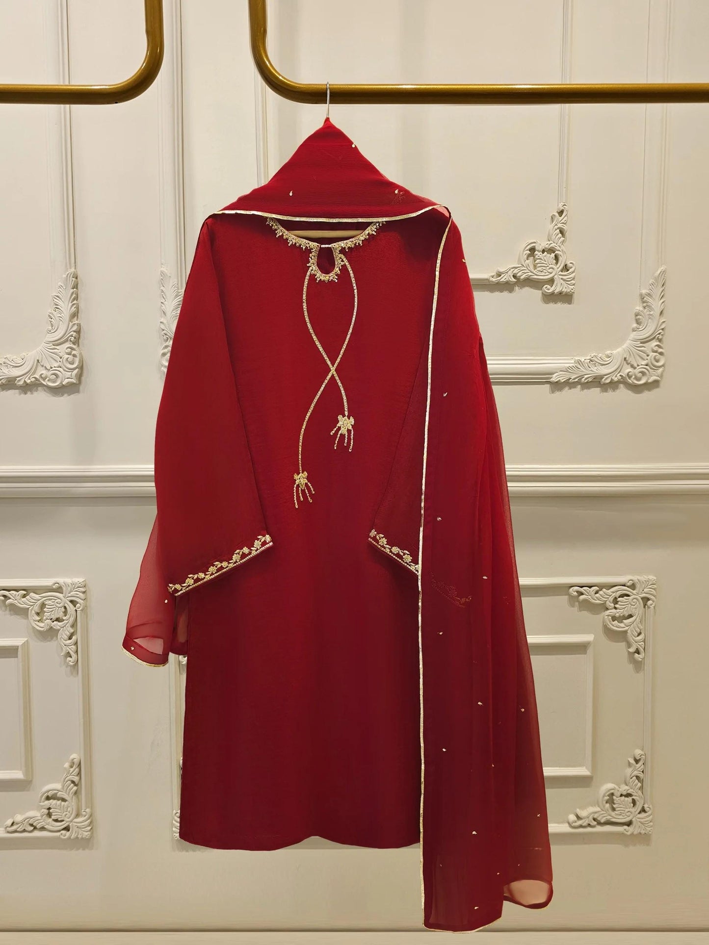 Aghanoor 3 Piece Pure Cotton Net Embroidered Suit - Maroon - Chiffon Dupatta