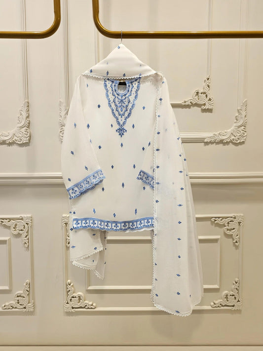Agha Noor 3-Piece Set Embroidered Cotton Net Suit
