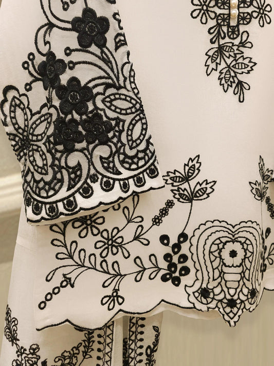 Embroidered Cotton Net Suit: Agha Noor 3-Piece Set - White