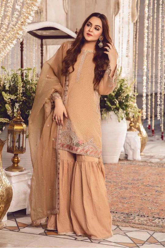 Maria.B - 3 Piece Embroidered Jamawar Gharara Suit (Size - XL) - Brown