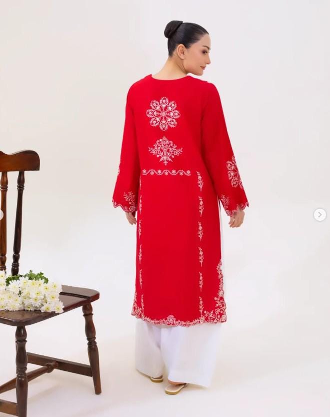 Aghanoor - Red Embroidered Lawn Shirt- (Size-S, M, L) India Pakistan Bangladesh