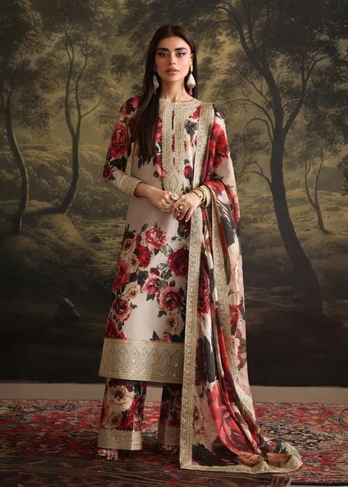 Embroidered Lawn Suit with Palazzo Pants & Silk Dupatta