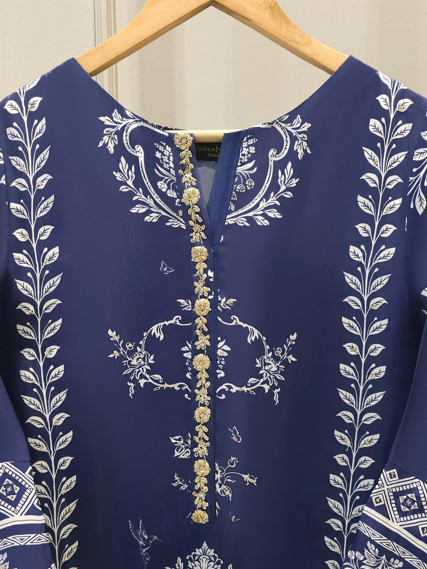 Agha Noor 2 Piece - Embroidered Printed Charmeuse Silk Set - indigo blue