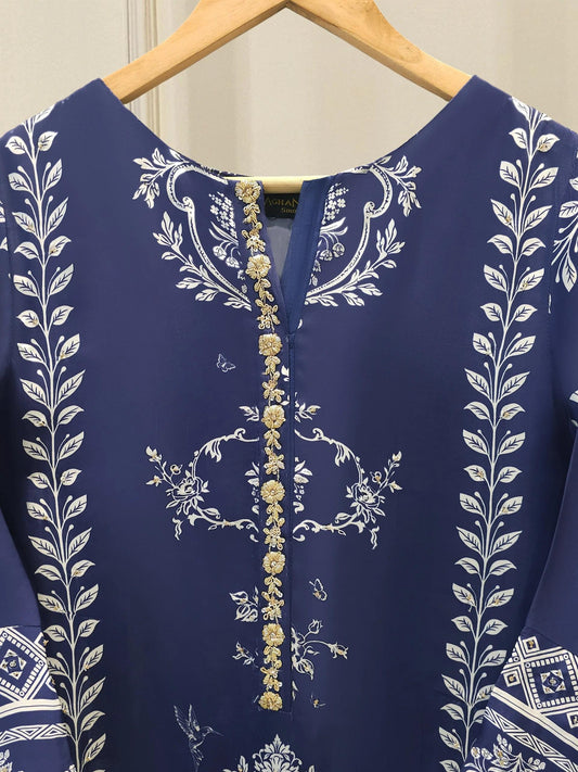 Agha Noor 2 Piece - Embroidered Printed Charmeuse Silk Set - indigo blue