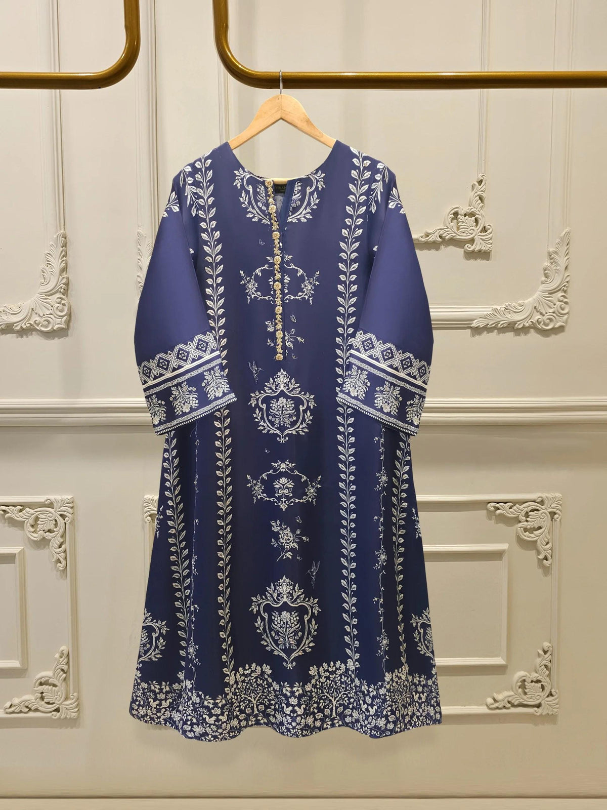 Agha Noor  Embroidered Printed Charmeuse Silk Set - indigo blue - 2 Piece