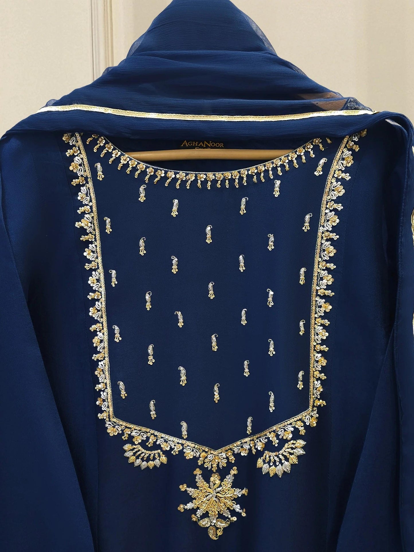 Aghanoor 3 Piece Pure Silk Net Embroidered Suit Size (Large, Medium) - Navy Blue