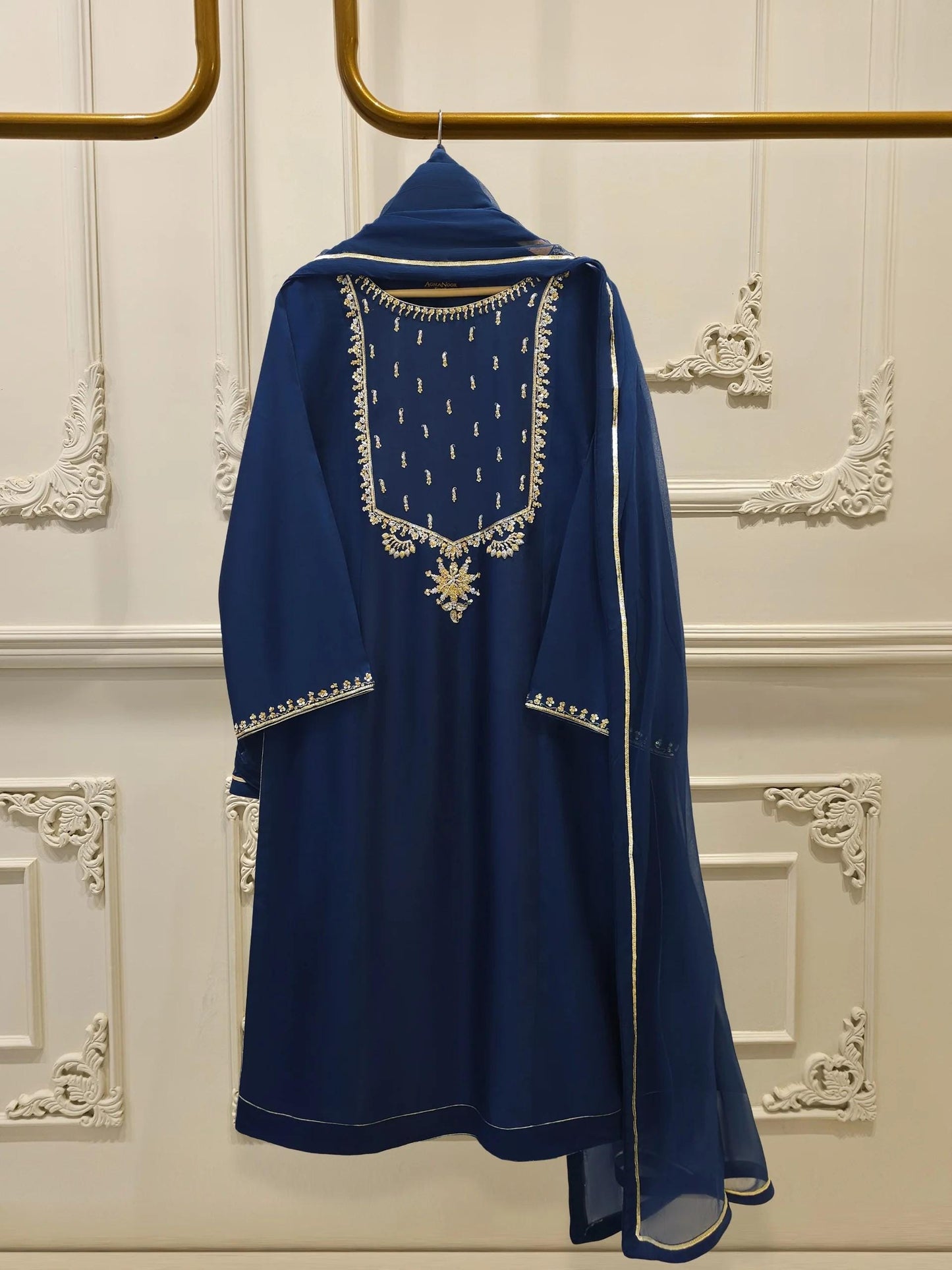 Aghanoor 3 Piece Pure Silk Net Embroidered Suit Size (Large, Medium) - Navy Blue