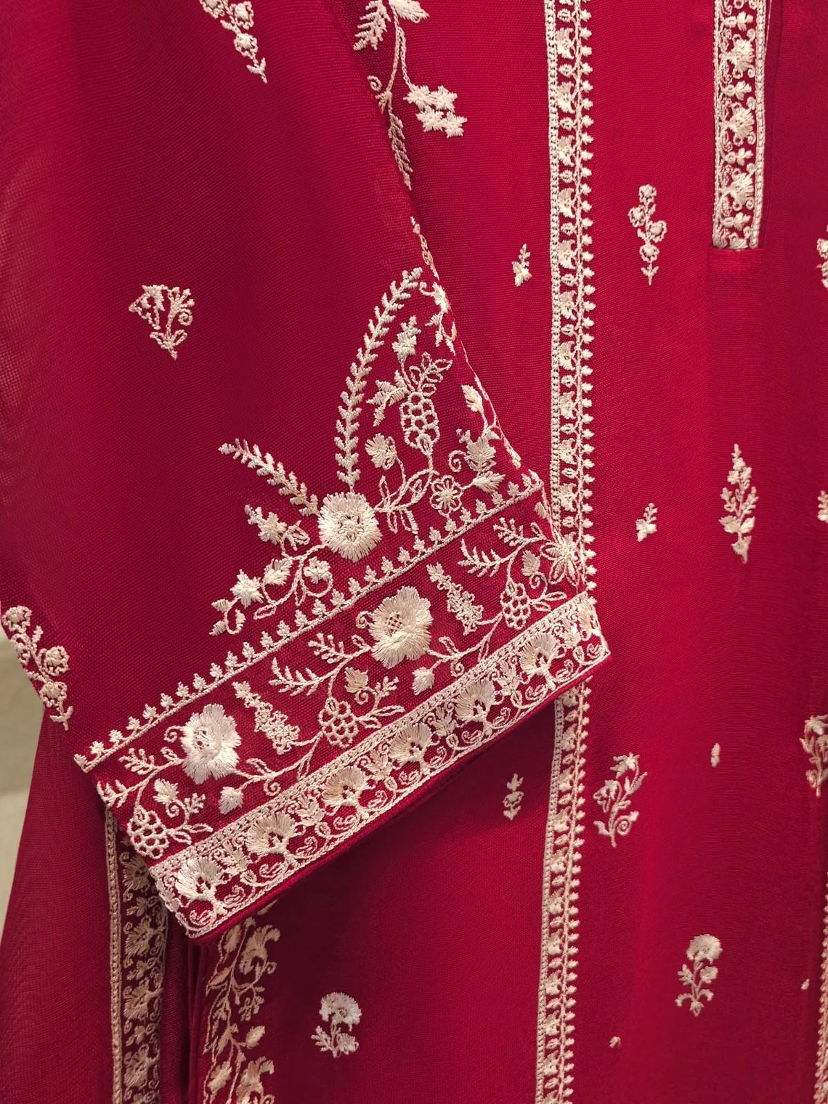 Agha noor 3 Piece Pure Cotton Net Embroidered Suit (Size Medium, Large) - Maroon