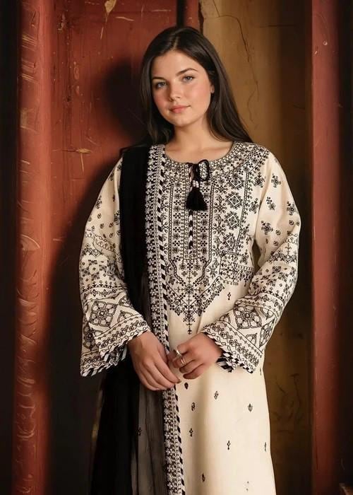 3 piece - Embroidered Lawn Suit with Chiffon Dupatta - Top, Bottom & Dupatta
