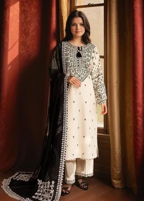 3 piece - Embroidered Lawn Suit with Chiffon Dupatta - Top, Bottom & Dupatta