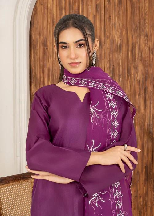 3 piece - Farshi Shalwar Kattan Silk Suit - Size (M, L) - Organza Dupatta