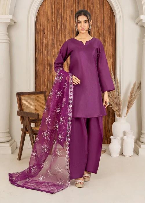 3 piece - Farshi Shalwar Kattan Silk Suit - Size (M, L) - Organza Dupatta