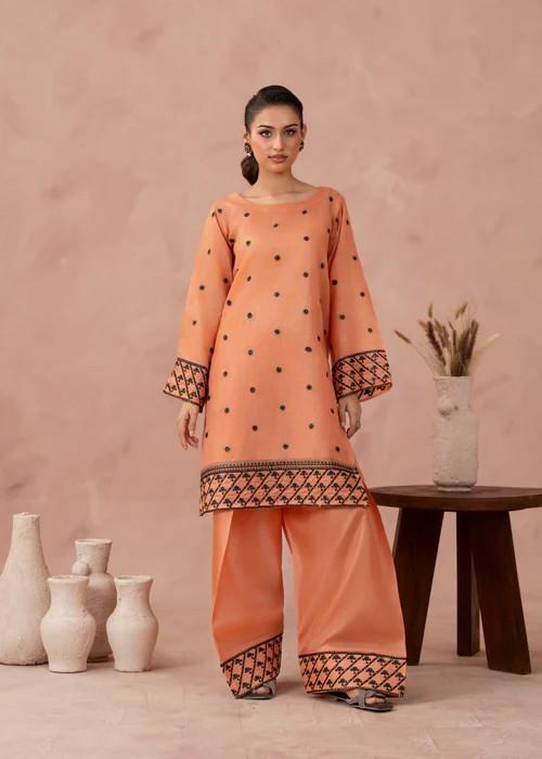 2 piece - Embroidered Farshi Shalwar Kattan Silk Suit - Size (M, L) -  Peach Orange