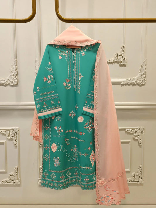 Agha noor 3 piece - Embroidered Lawn Suit -  (Size- L, XL) - Raw Silk Pants