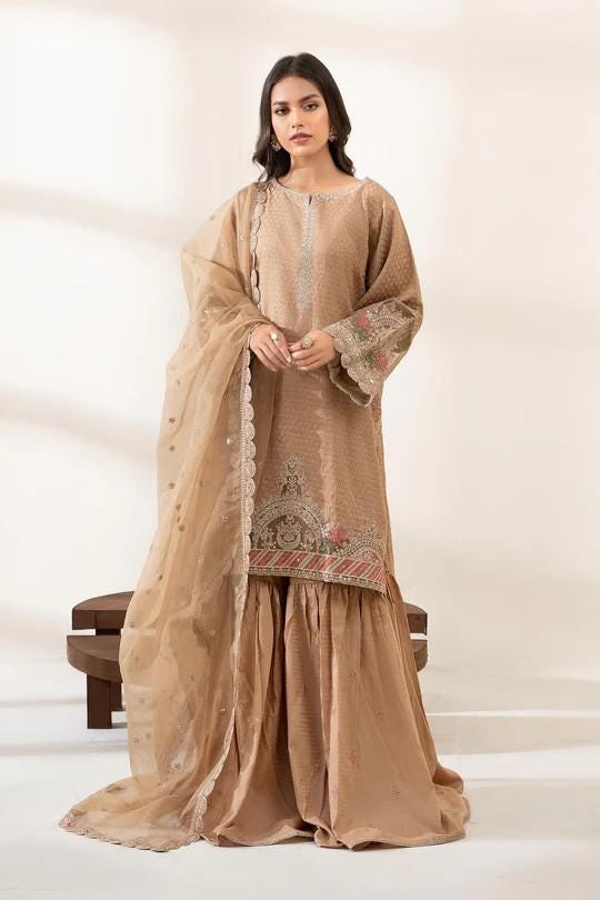 Maria.B - 3 Piece Embroidered Jamawar Gharara Suit (Size - XL) - Brown