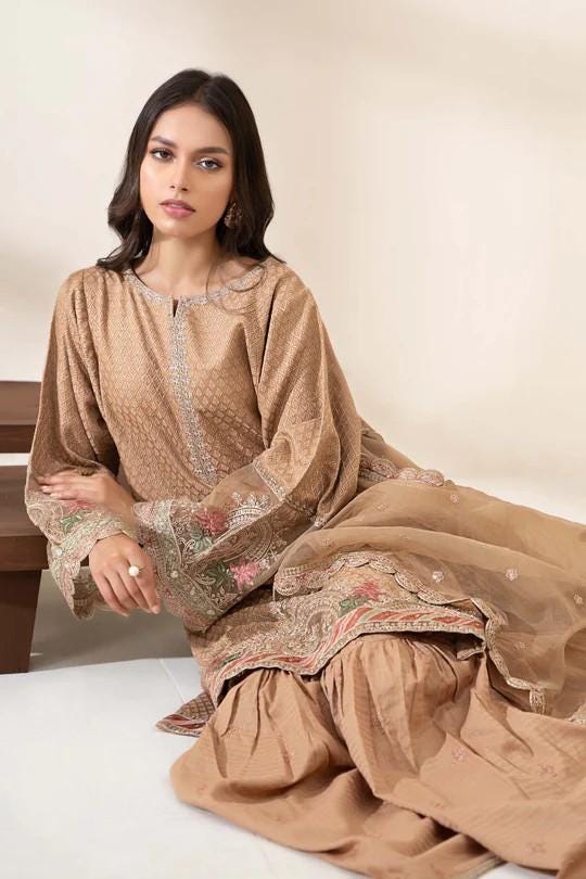 Maria.B - 3 Piece Embroidered Jamawar Gharara Suit (Size - XL) - Brown