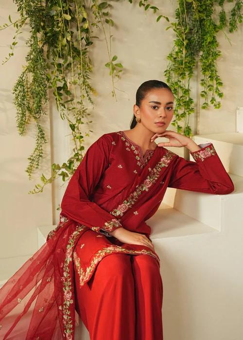 3 piece - Pakistani Designer Embroidered Farshi Shalwar Lawn Suit - Maroon