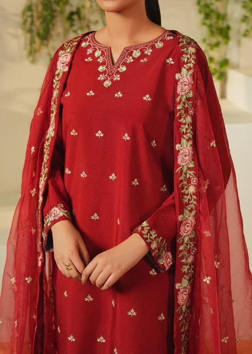 3 piece - Pakistani Designer Embroidered Farshi Shalwar Lawn Suit - Maroon