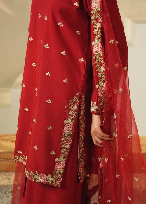 3 piece - Pakistani Designer Embroidered Farshi Shalwar Lawn Suit - Maroon