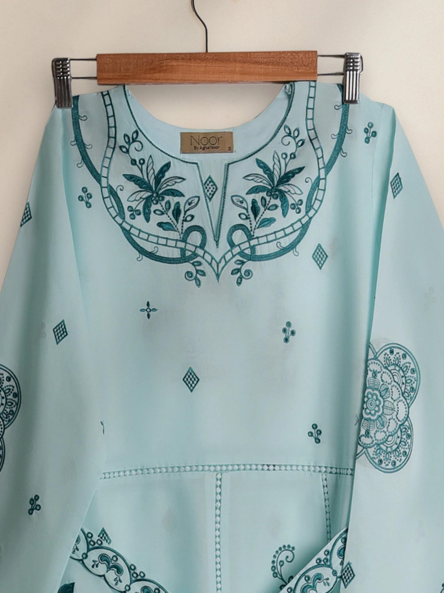 Aghanoor Maxi Dress - Sea - Green Embroidered Long Shirt - floral and paisley patterns