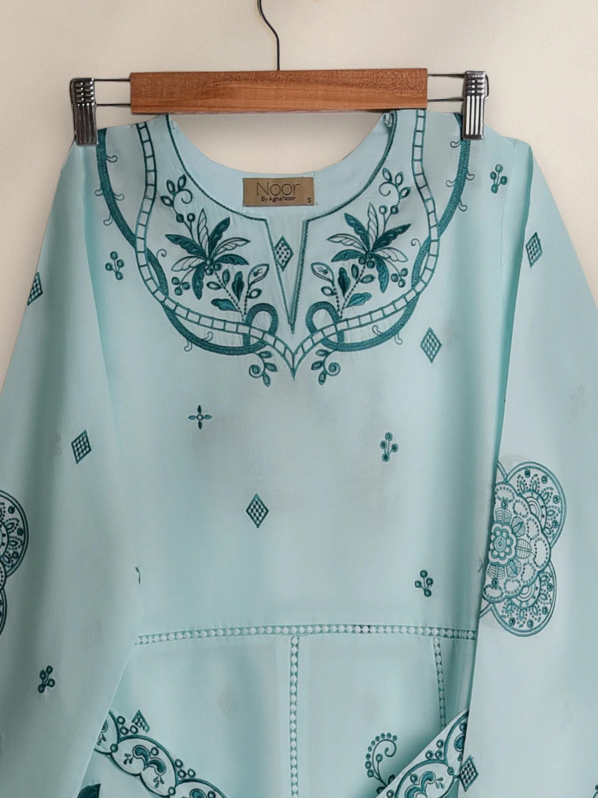 Aghanoor Maxi Dress - Sea - Green Embroidered Long Shirt - floral and paisley patterns