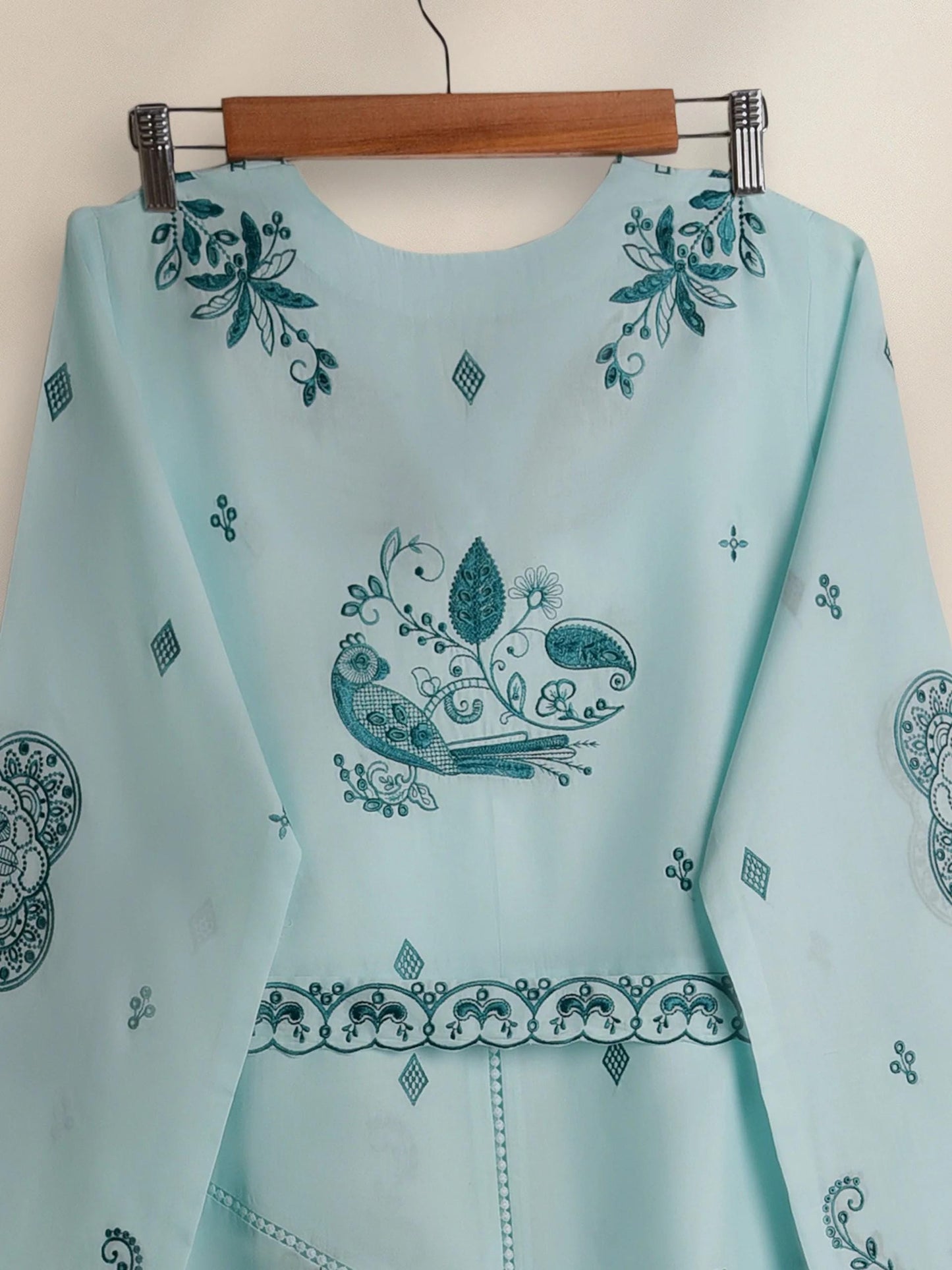 Aghanoor Maxi Dress - Sea - Green Embroidered Long Shirt - floral and paisley patterns