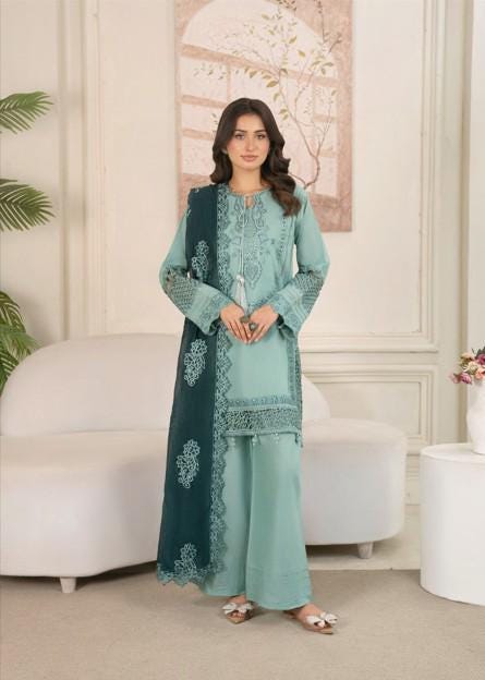 Embroidered Lawn Suit - Chiffon Dupatta - 3 piece - Pakistani Designer XL