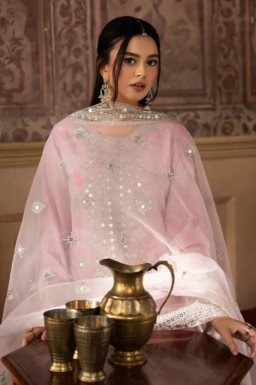 Embroidered Silk Lawn Pakistani Suit: Organza Dupatta & Palazzo Pants