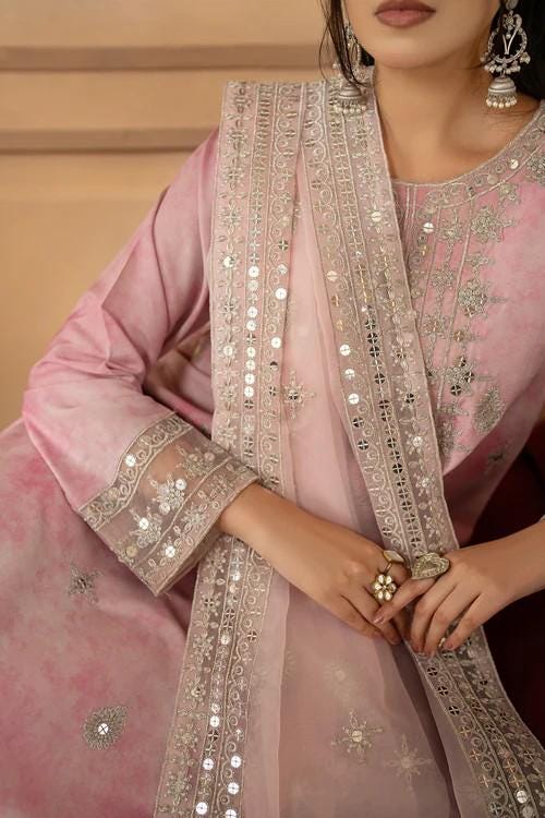 Embroidered Silk Lawn Pakistani Suit: Organza Dupatta & Palazzo Pants