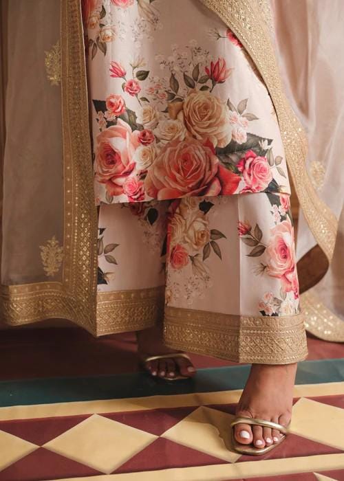 3 piece - Embroidered Printed Lawn Suit with Palazzo Pants and Organza Dupatta