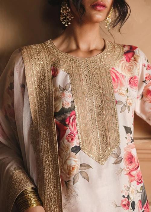 3 piece - Embroidered Printed Lawn Suit with Palazzo Pants and Organza Dupatta