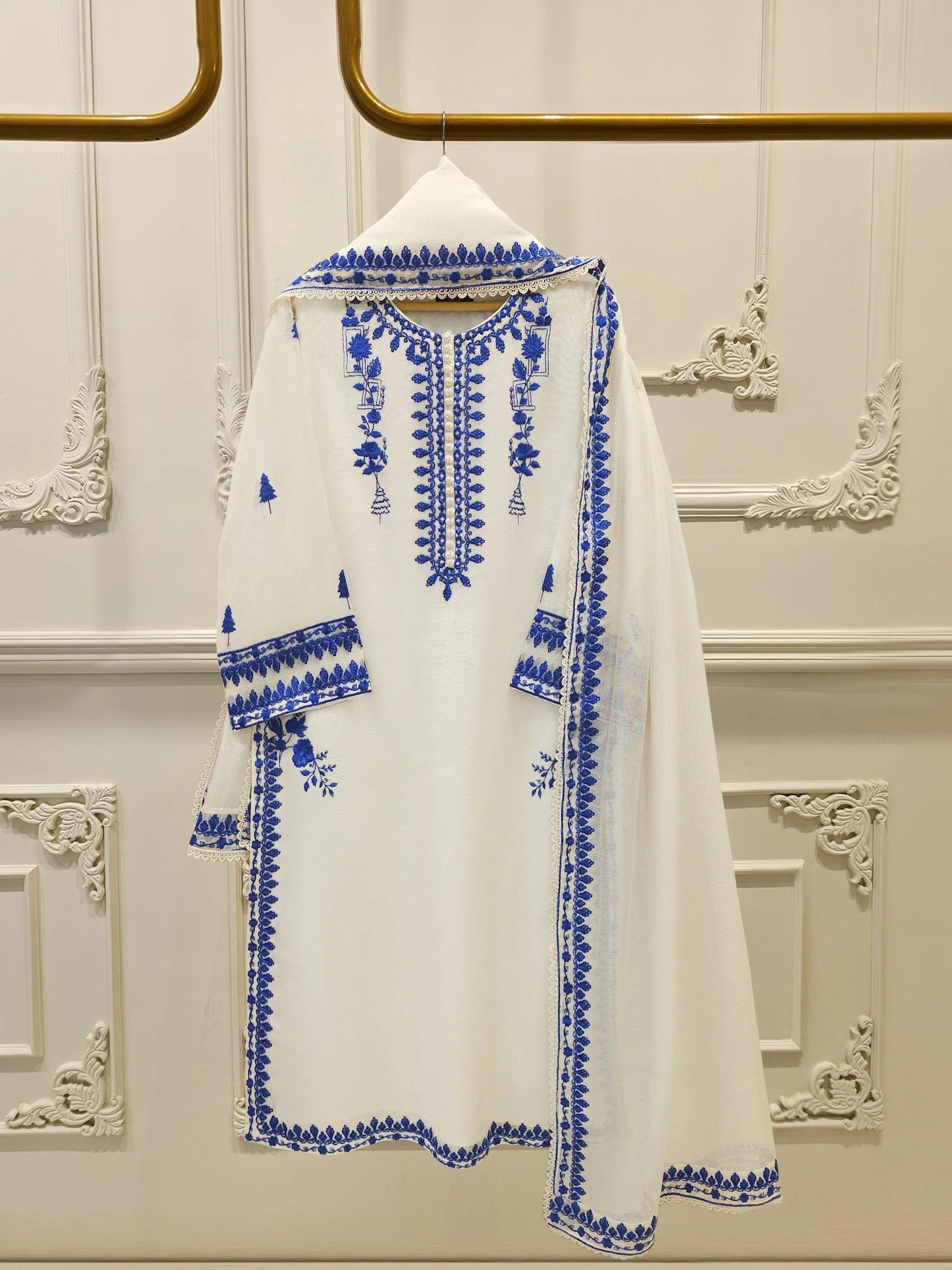 Agha Noor 3 Piece Pure Cotton Net Embroidered Suit