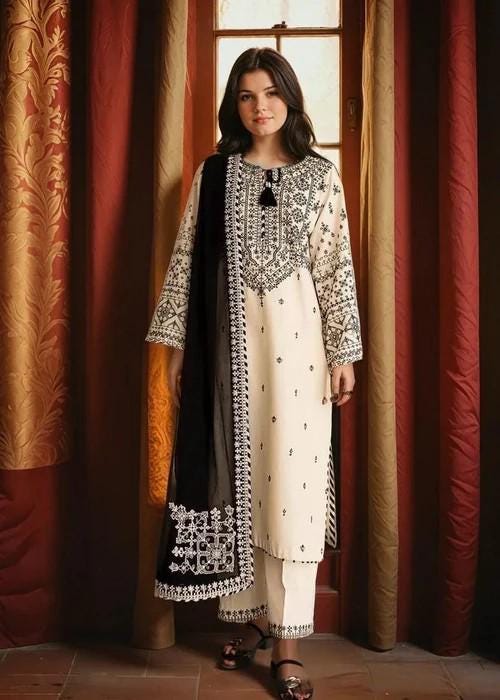 3 piece - Embroidered Lawn Suit with Chiffon Dupatta - Top, Bottom & Dupatta