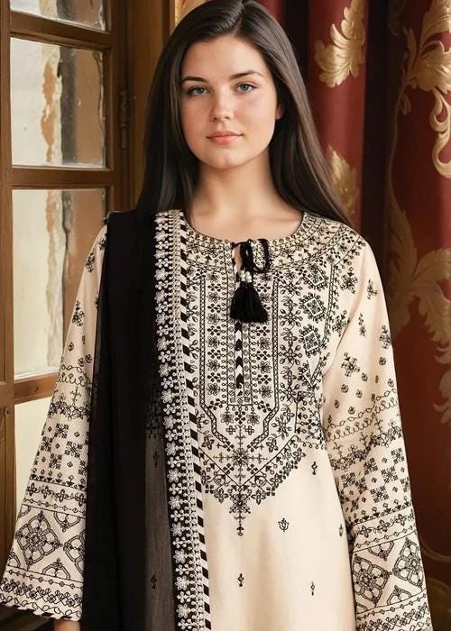 3 piece - Embroidered Lawn Suit with Chiffon Dupatta - Top, Bottom & Dupatta