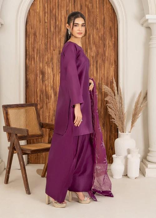 3 piece - Farshi Shalwar Kattan Silk Suit - Size (M, L) - Organza Dupatta