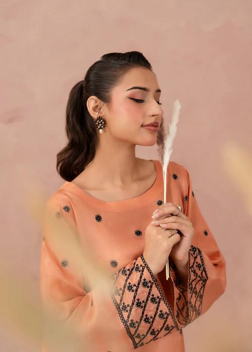 2 piece - Embroidered Farshi Shalwar Kattan Silk Suit - Size (M, L) -  Peach Orange