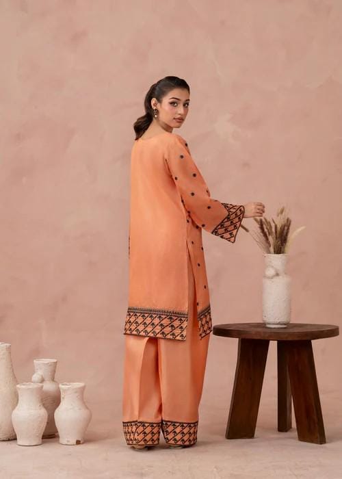 2 piece - Embroidered Farshi Shalwar Kattan Silk Suit - Size (M, L) -  Peach Orange