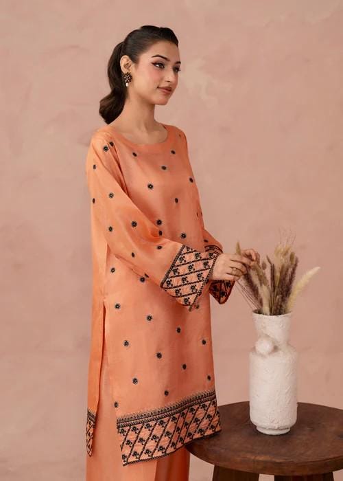 2 piece - Embroidered Farshi Shalwar Kattan Silk Suit - Size (M, L) -  Peach Orange