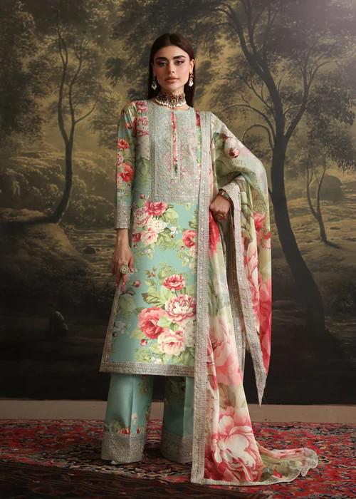 3 piece - Embroidered Printed Lawn Suit with Palazzo Pants and Silk Dupatta
