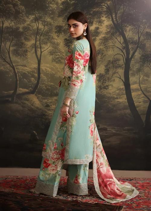3 piece - Embroidered Printed Lawn Suit with Palazzo Pants and Silk Dupatta