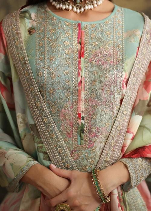 3 piece - Embroidered Printed Lawn Suit with Palazzo Pants and Silk Dupatta