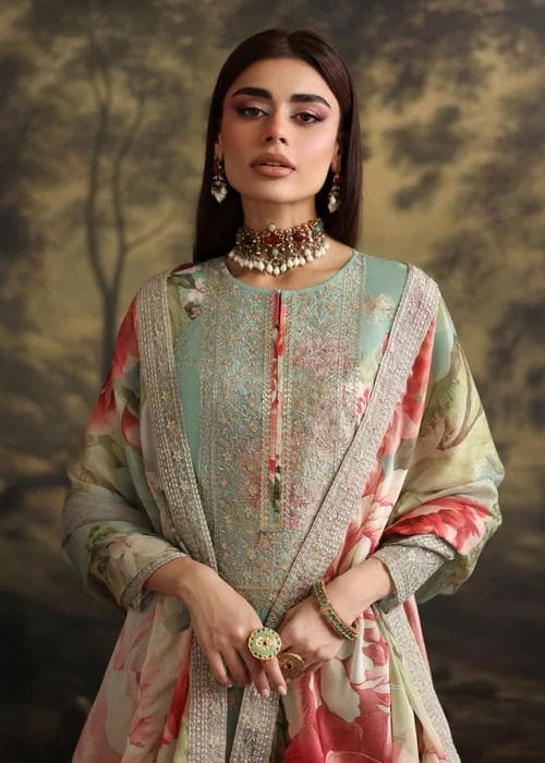 3 piece - Embroidered Printed Lawn Suit with Palazzo Pants and Silk Dupatta