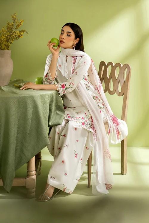 3 piece - Pakistani Designer Farshi Shalwar Lawn Suit - Silk Dupatta