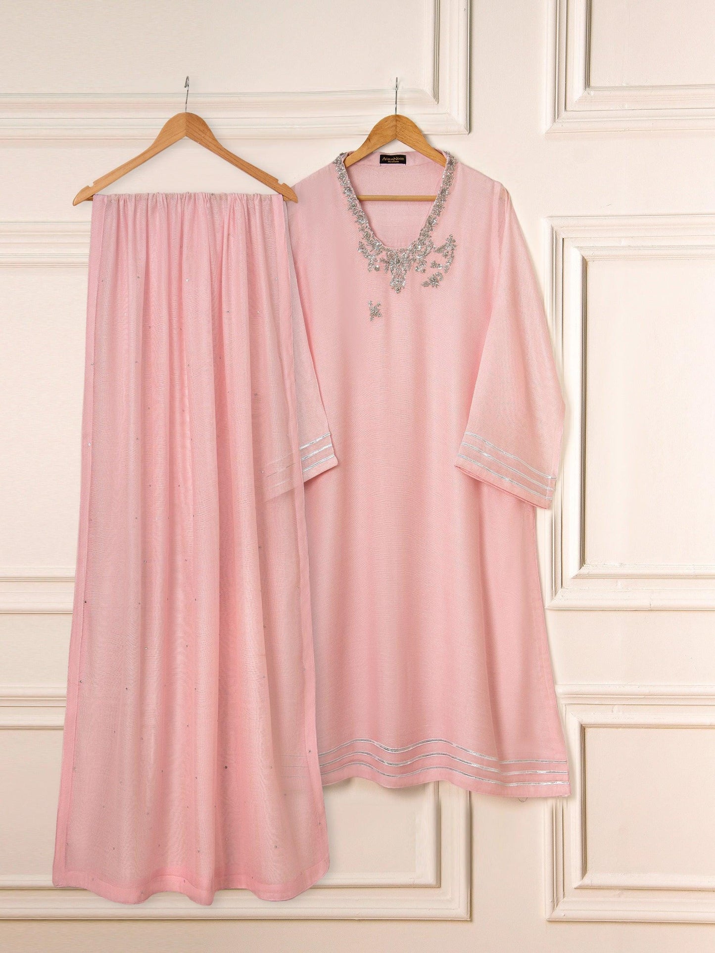 Aghanoor 3 Piece Pure Cotton Net Embroidered Suit Size (Medium, Large ) - Tea Pink