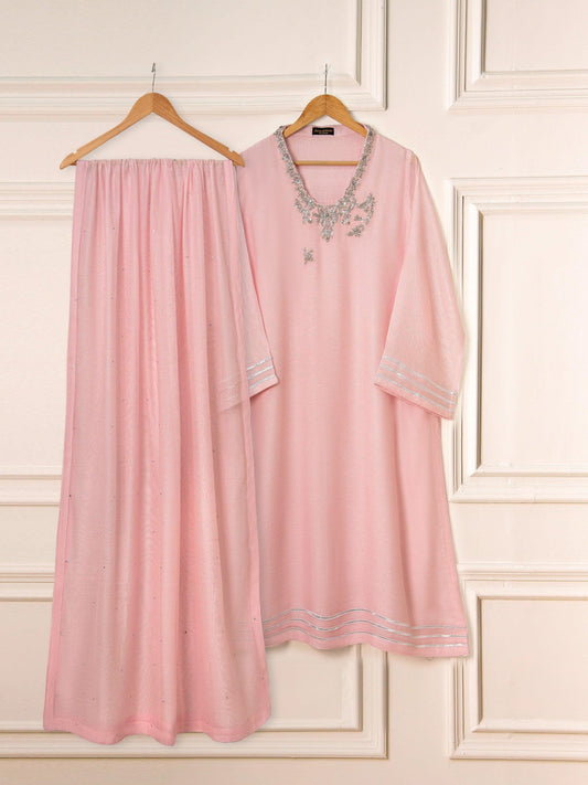 Aghanoor 3 Piece Pure Cotton Net Embroidered Suit Size (Medium, Large ) - Tea Pink