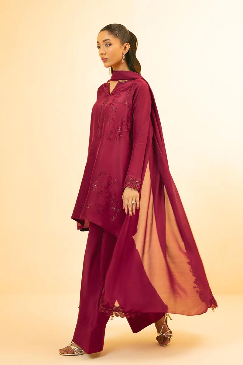 3 piece - Designer Brand Farshi Embroidered Shalwar Suit -  Tassel Silk Top, Bottom & Dupatta