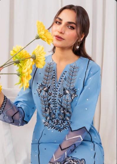 2 piece - Blue Embroidered Co-Ord Lawn Suit